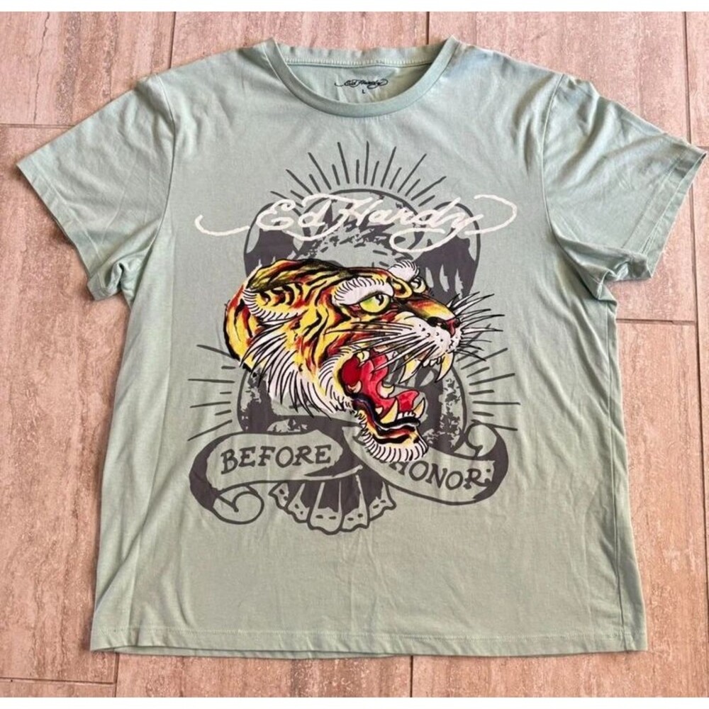 Ed Hardy Tiger Shirt L Mint Green Before Honor Tattoo Graphic Tee Y2K Streetwear